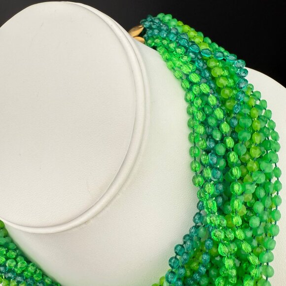 Vintage Multi-Strand Green Plastic Beaded Collar Necklace With Gold-Tone Ornate - Picture 4 of 8